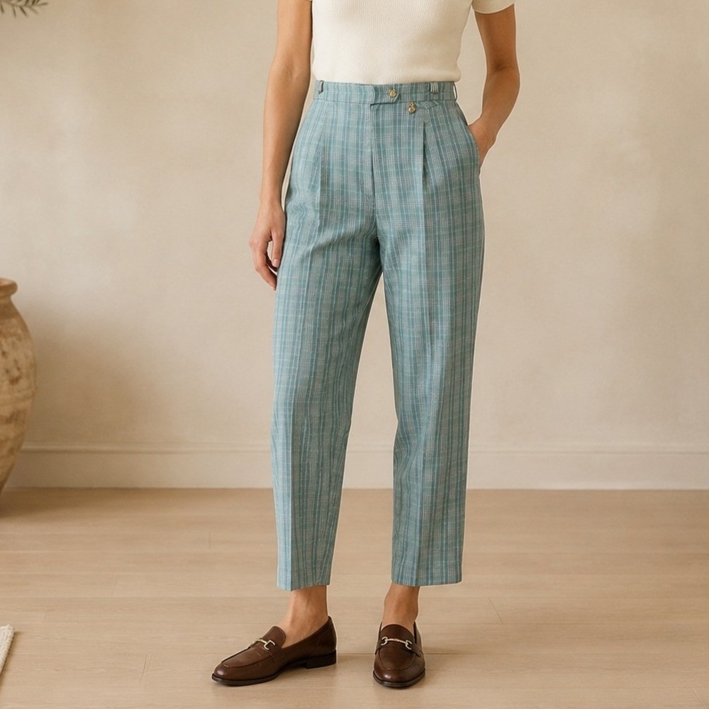 Burberrys Trousers Womens 14 Blue Plaid High Waist Mercerized Cotton Vintage USA